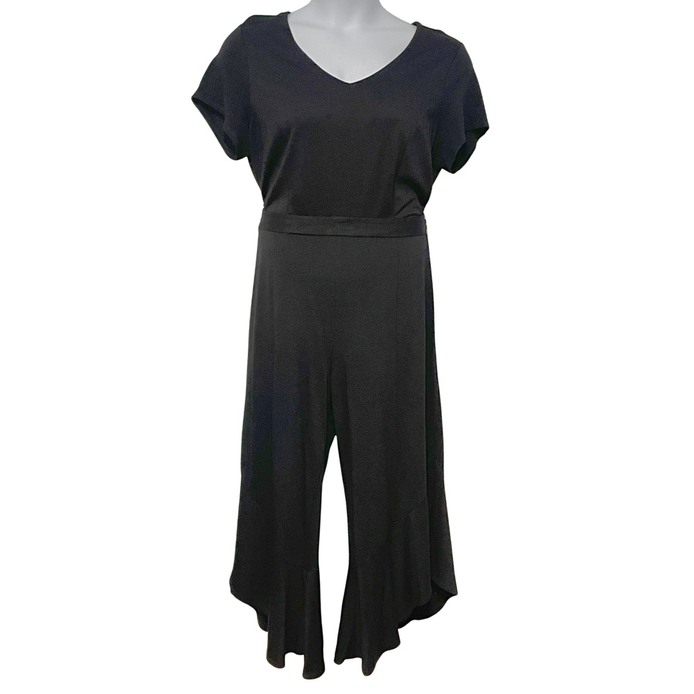 Isaac Mizrahi Sz L 1 Pc Jumpsuit Tie Waist Ruffle Hem Pants Stretch Knit Black